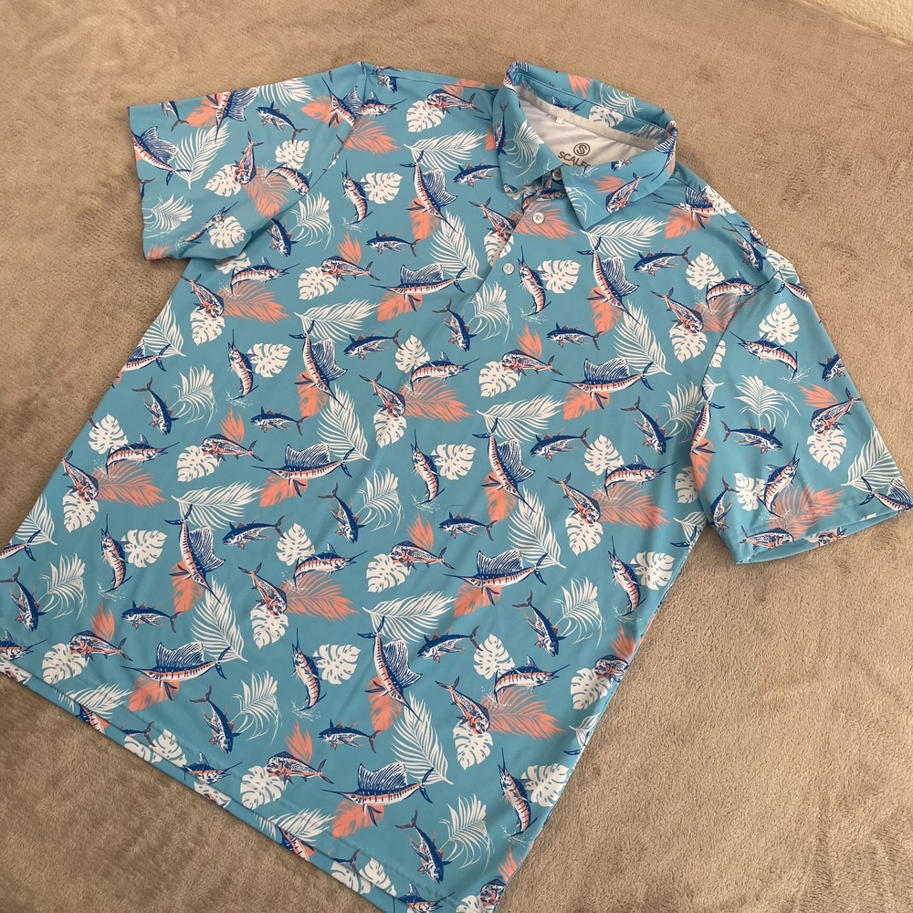 Scales Gear Swordfish Marlin Performance‎ Golf Polo Shirt Men Large Multi Floral